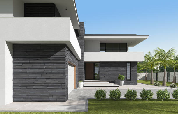 istock Modern luxury white Villa Concept with black stone facade. 1661798766