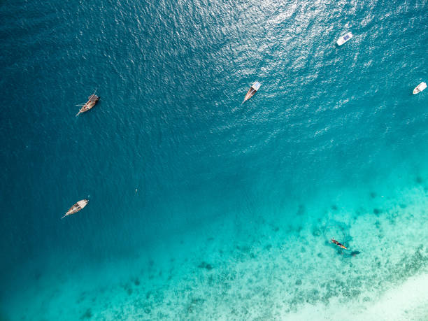 istock beautiful blue ocean with boats top view 1661801463