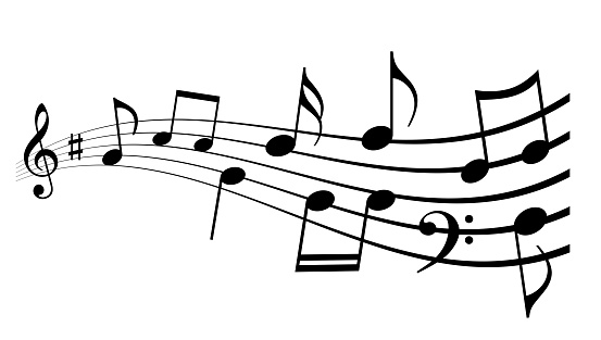 Waving musical notes and melody icon on white background