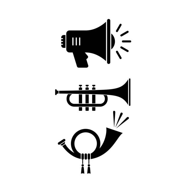 musikinstrumenten-icons, klangsymbole - trumpet bugle cornet cartoon stock-grafiken, -clipart, -cartoons und -symbole