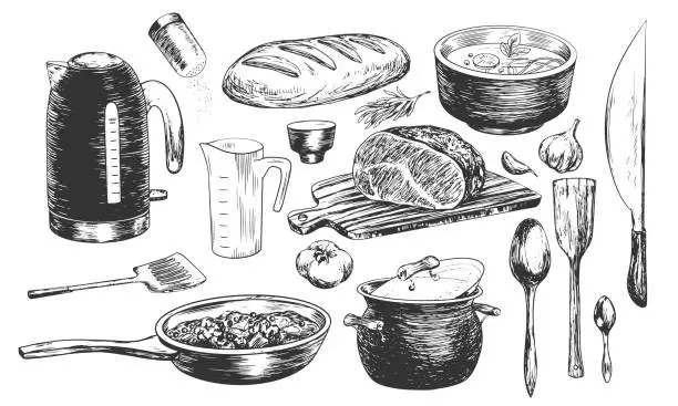 Vector illustration of Set of sketches of kitchen utensils for cooking