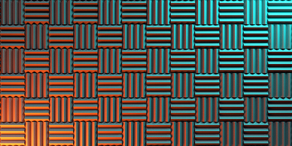 Wall of acoustic foam panels illuminated by orange and turquoise lights for background. 3d illustration