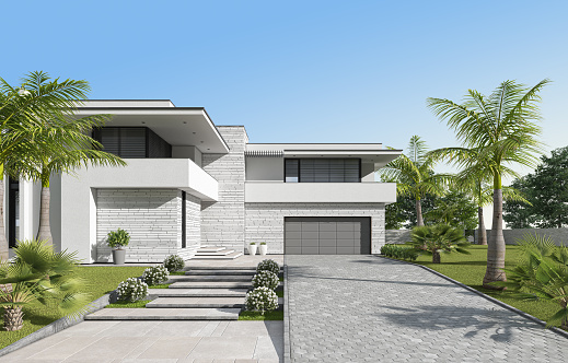 3D rendering of an upscale modern  mansion with pool