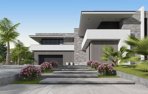 istock Modern luxury white Villa Concept with beige stone wall tiles facade. 1661835085