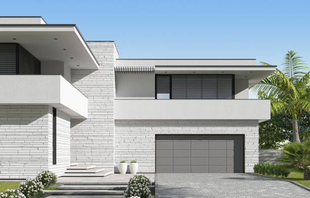 istock Modern luxury white Villa Concept with white stone wall tiles facade. 1661835099