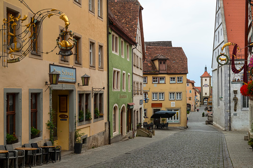 Rothenburg ob der Tauber, Germany, September 8, 2022; Medieval small street in the historic german town of Rothenburg ob der Tauber in Bavaria.