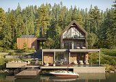 3D render of a luxurious style forest house on the edge of a lake