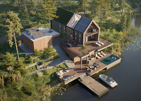 High angle view of a modern forest house on the lakeside with a small boat deck. 3D rendering of a bungalow in green forest with swimming pool and jetty.