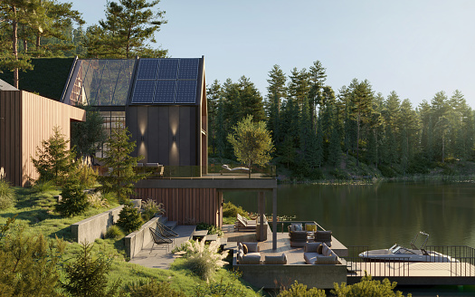 3d rendering of a forest house along the lake and surrounded by trees on a summer day. Computer generated image of a cottage with large garden and lawn.