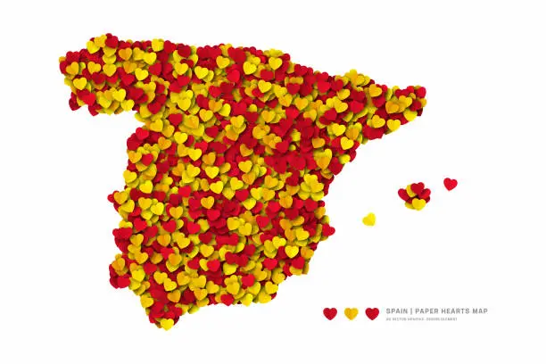 Vector illustration of Spain Map From Scattered Paper Hearts In Colours Of National Flag Isolate Vector