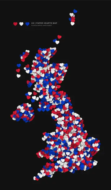 Vector illustration of UK Map From Scattered Paper Hearts In Colors Of National Flag Isolated Vector
