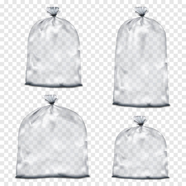 Empty clear tied plastic bag on transparent background. Different sizes vector mockup set. Packaging pouch, package, trash liner mock-up Empty clear tied plastic bag on transparent background. Different sizes vector mockup set. Packaging pouch, package, trash liner mock-up tying-garbage-bag stock illustrations