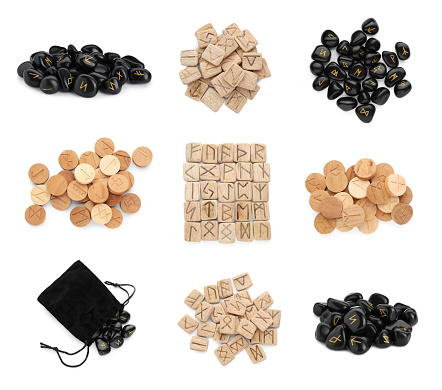 Collage with sets of black stone and wooden runes on white background. Divination tool