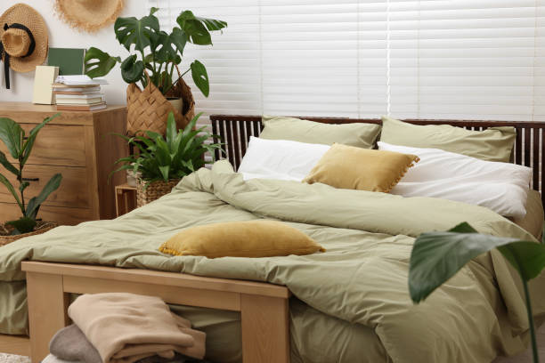 istock Comfortable bed and beautiful green houseplants in bedroom 1661904980