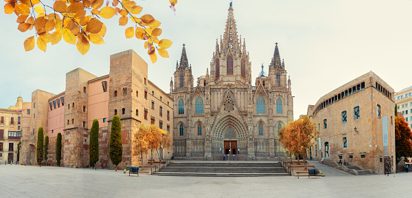 panorama of Square with cathedral church in Gotic quarter of Barcelona, Spain at fall