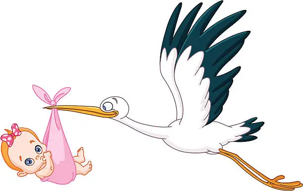 Vector illustration of Stork and baby girl