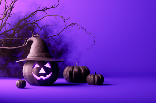Halloween pumpkins on purple background. Digitally generated image.