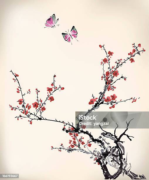 Ink Style Butterfly And Winter Sweet Stock Illustration - Download Image Now - Japanese Culture, Butterfly - Insect, Tree