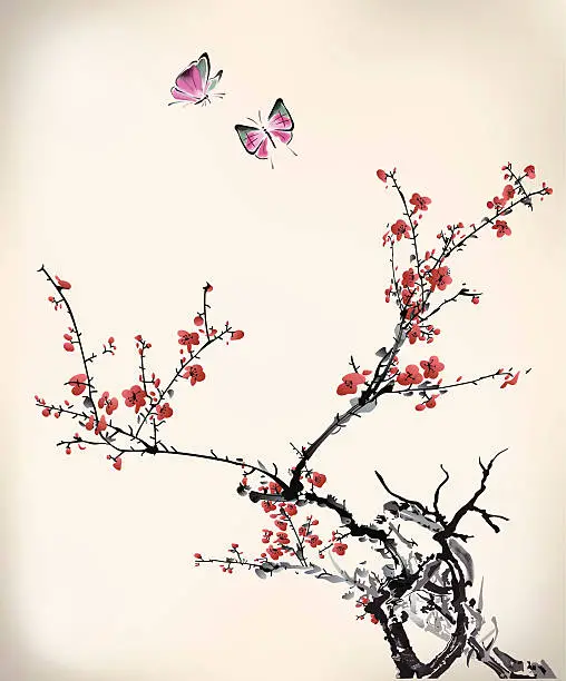 Vector illustration of ink style butterfly and winter sweet