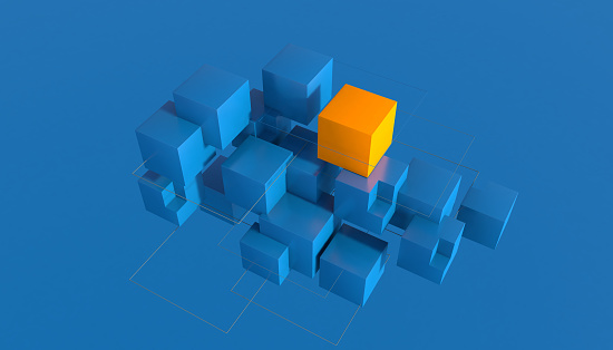 Modern abstract background with blue cubes and one yellow. Cube formation structure. Abstract Technology Background. 3D render