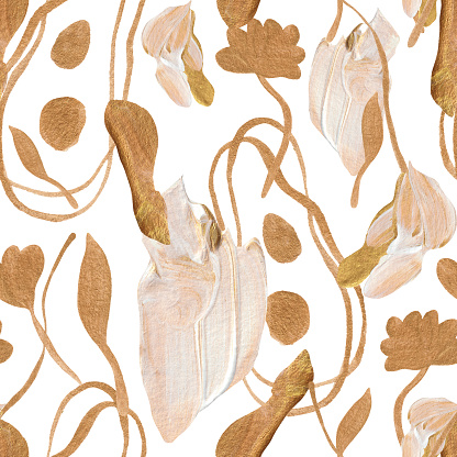 Abstract floral pattern made with gold and beige textured paint on a white background. Stylized leaves and the trunk of a climbing plant, flower petals, all this is combined into an incredible composition. For romantic designs like Valentine's Day, wedding, engagement, declaration of love