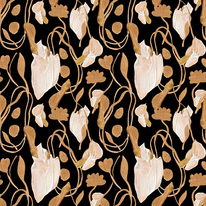 Abstract floral pattern made with gold and beige textured paint on a black background. Stylized leaves and the trunk of a climbing plant, flower petals, all this is combined into an incredible composition. For romantic designs like Valentine's Day, wedding, engagement, declaration of love