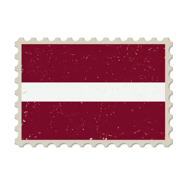 Vector illustration of Latvia grunge postage stamp. Vintage postcard vector illustration with national flag of Latvia isolated on white background. Retro style.