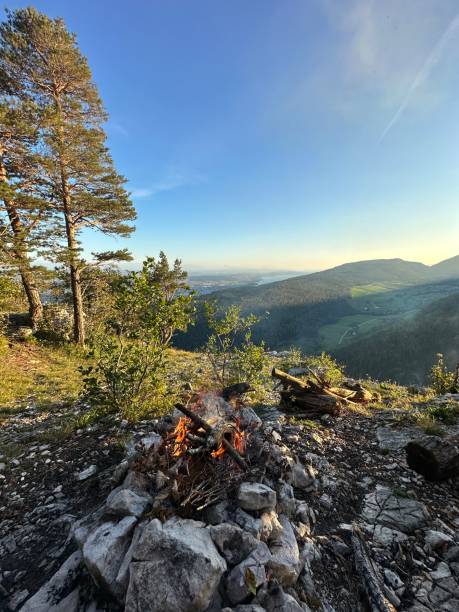 Campfire in the swiss jura region stock photo