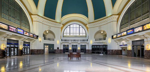 Winnipeg, Manitoba, Canada - August 8, 2023: Lobby of the historic Union Station on Main Street in Winnipeg