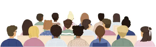 Vector illustration of Rear view of group of people sitting in academic auditorium. Sitting audience. Women and men of different ethnicity.