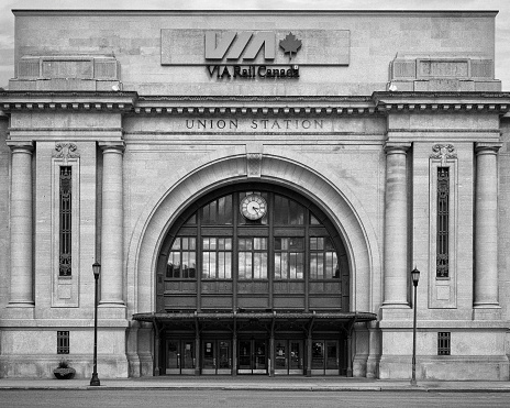 Winnipeg, Manitoba, Canada - August 9, 2023: Exterior facade of historic Union Station on Main Street in downtown Winnipeg