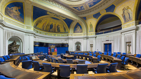 Winnipeg, Manitoba, Canada - August 8, 2023: Interior of the Legislative Chamber in the Manitoba Legislative Building