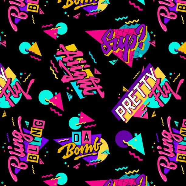 Vector illustration of Bright trendy 90s style seamless pattern with retro slang lettering designs. Vivid calligraphy style typography elements on dark background. Vector illustration for fashion, print, web purposes.