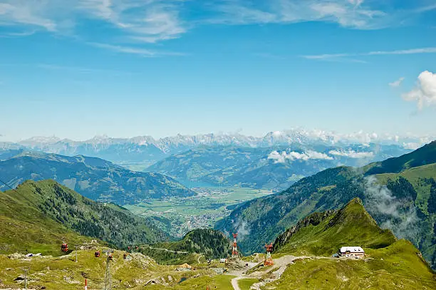 High angle view from mountain Kitzsteinhorn to Kaprun, Zell Am See, Zell lake, Salzburger land and Alpine mountains.