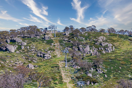 Photograph of a ski lift system in Perisher Valley in the Snowy Mountains in New South Wales in Australia