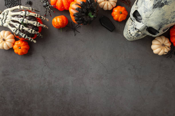 istock Curate chilling Halloween greeting: top view shot featuring thematic decor, pumpkins, eerie spiders, spiderweb, skeleton hands, skull, small coffin on dark grunge concrete wall, area for text or promo 1662003007