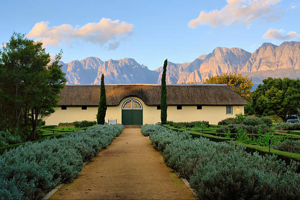 African boer house against misty mountains in sunset light. Shot in Vergelegen wine farm/estate, near Stellenbosch, Western Cape, South Africa.