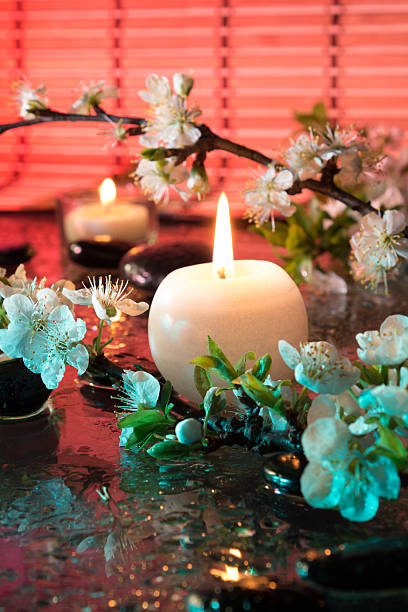 flores de amêndoa com velas - japanese culture massaging single flower nature - fotografias e filmes do acervo