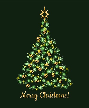 Fancy christmas tree made of festive colorful garland, green, yellow lights, gold balls, bethlehem gold star on top. Glowing sparkles, stars on wire strings. Wavy shape of tree. No transparency effect