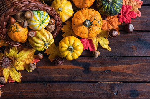 istock Decorated or Autumn Thanksgiving Cornucopia on a wooden background 1662029263