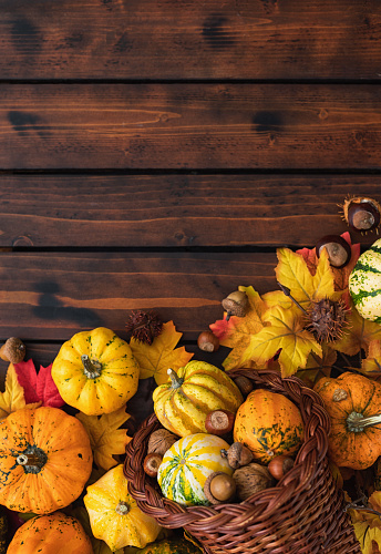 istock Decorated or Autumn Thanksgiving Cornucopia on a wooden background 1662029286