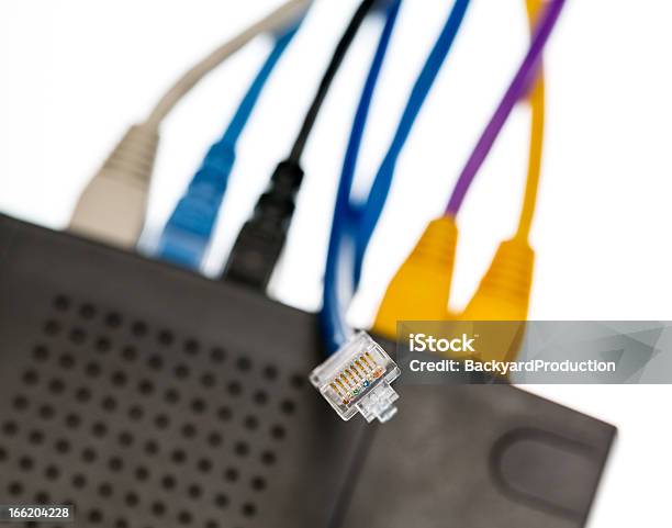 Cat5 Cables And Router For Cyberdefence Concept Stock Photo - Download Image Now - Cable, Close-up, Communication