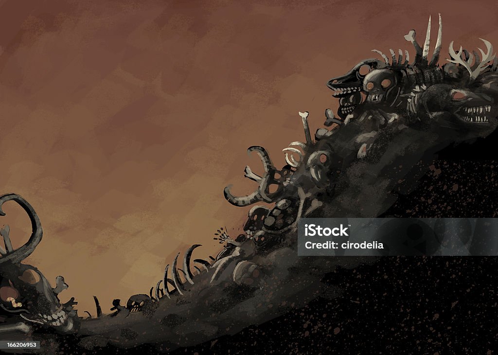 scary background This is a terrifying image full of skulls in a dark interior. The illustration is entirely done in digital and I am the author of the work. Cave stock illustration