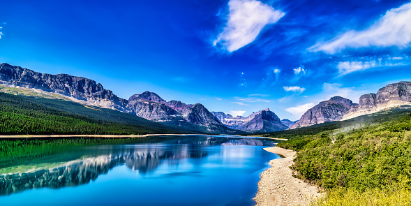 Lake Sherburne and mountains in Glacier National Park in Montana