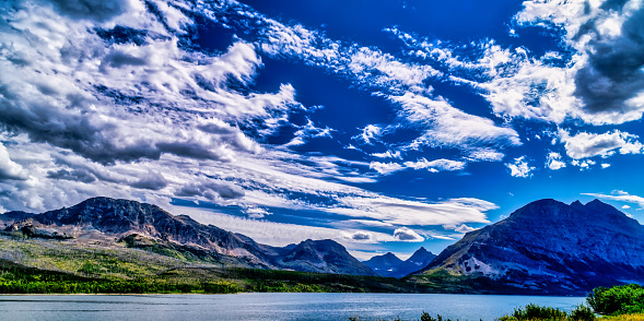 Lake Sherburne and mountains in Glacier National Park in Montana