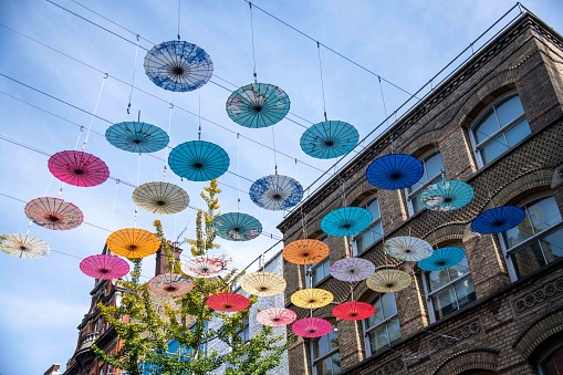 London, United Kingdom - September 03, 2023: Cloth Parasol above Macclesfield Street in Chinatown