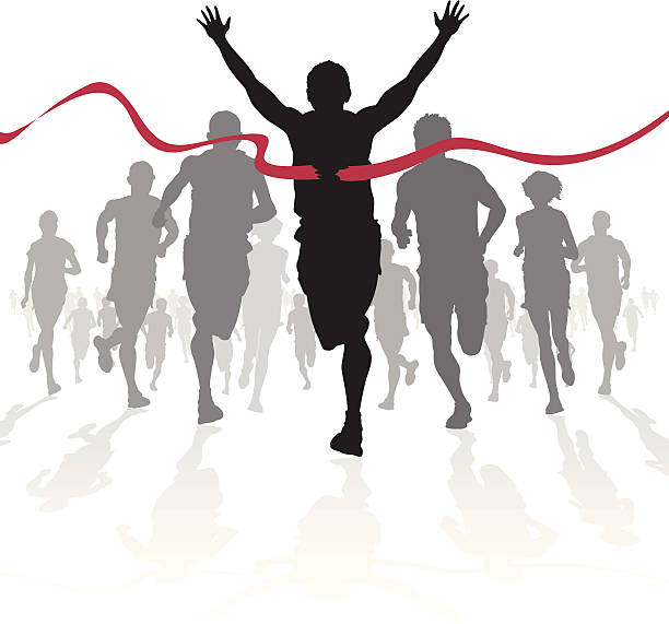 Winning Athlete crosses the finish line Fully editable vector illustration of a Winning Athlete ahead of a group of marathon runners competing in a street race.  finish line stock illustrations