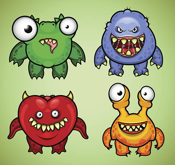 ilustrações, clipart, desenhos animados e ícones de conjunto de quatro engraçados monstros variação 3 - monster set pattern green