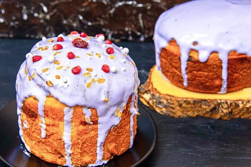 Easter sweet bread Orthodox kulich, paska decorated with icing.