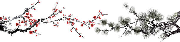 ink style winter sweet and pine tree - 梅樹開花 幅插畫檔、美工圖案、卡通及圖標